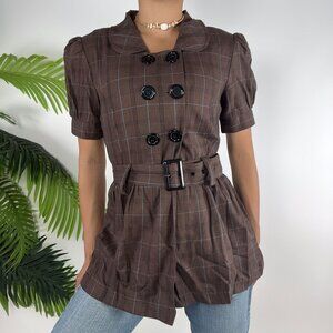 Y2K Charlotte Russe Brown Plaid Double Breasted Short Sleeve Belted Blouse Small